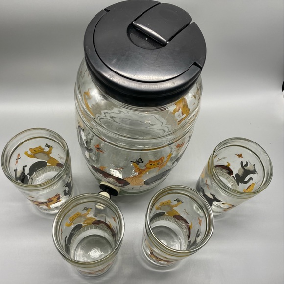 5 Pc Anchor Hocking Cats Butterflies Glasses Jug Dispenser Set Vintage EVC - Picture 2 of 7